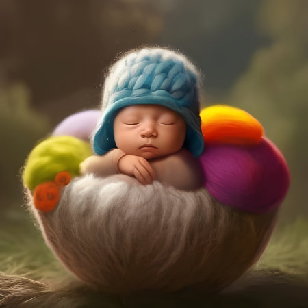 A cute baby boy with a blue wool hood, sleeping in a ball of yarn, ball of wool, fantasy babyの素材