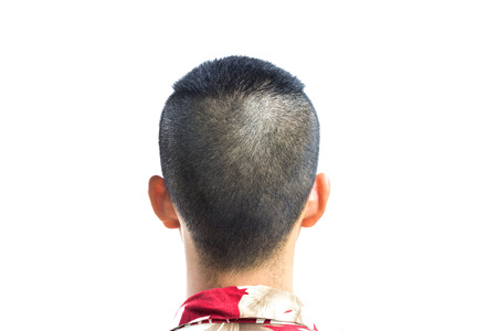 A closeup of the back of a young mans head and neck isolated over a white background の写真素材