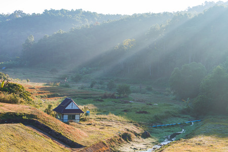 Fade of soft yellow sunlight in the morning on small house in mountain area and riverの写真素材