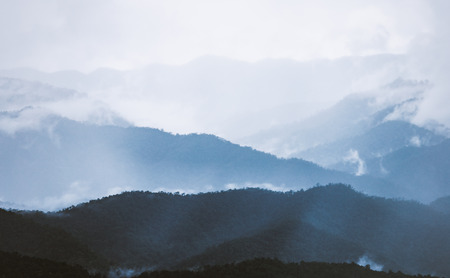 Foggy blue mountain with clouds and bright sky after raining of tropical forest on northern of Thailand.の写真素材