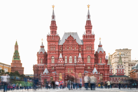Moscow, Russia - September 23, 2017: State of Historical Museum, the landmark of Red Square in Moscow, Russia with motion of crowd on Red Square ground.のeditorial素材