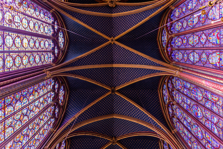 Sainte-Chapelle, Paris, France - September 29, 2018: Ceiling and stained glass windows of Sainte-Chapelle church.のeditorial素材