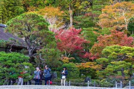 Kyoto, Japan - November 19, 2018: Tourist taking photo in colorful park, tree change color during autumn and winter.のeditorial素材