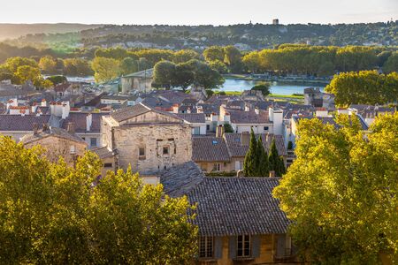 Avignon, France - October 3, 2018: Aerial view over old town at sunset of Avignon in Provence region which set on the Rhone river.のeditorial素材