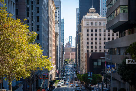San Francisco, California, USA - September 27, 2019: Aerial view over street in downtown area, tall buildings alongside the busy road.のeditorial素材