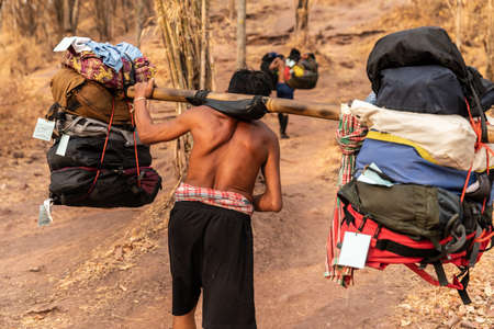 Phu Kradueng, Loei, Thailand - February 28, 2020 : Back of naked man carrying heavy stuff and bags and stuff on shoulder by one pole to walk on rough and slope mountain trail.のeditorial素材