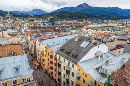 Innsbruck, Austria - November 3, 2019: Aerial view over colorful old houses and building in Innsbruck.のeditorial素材