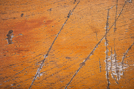 Close focus on brown background of painted cement with wooden texture and aged scratches.の写真素材