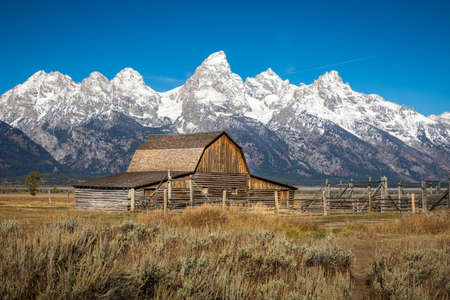 Iconic wooden barn of Mormon Row Historical District in agriculture field with background of snowcapped Grand Teton mountain range with clear blue sky.の写真素材