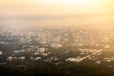 Aerial view of Chiangmai with PM 2.5 pollution covering the city in morning.の写真素材