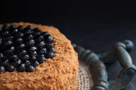 Homemade honey cake with blueberries on the dark backgroundの写真素材