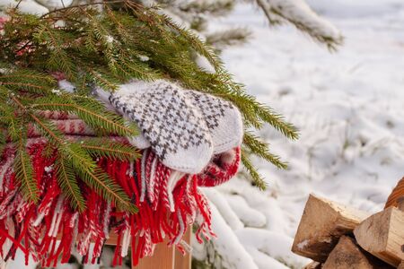 Scandinavian style wool mittens on the Christmas plaid near firewood. Toned.の写真素材