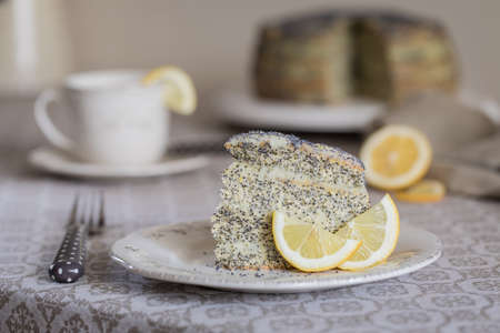 A piece of Cake with poppy seeds and lemon cream. Toned.の写真素材