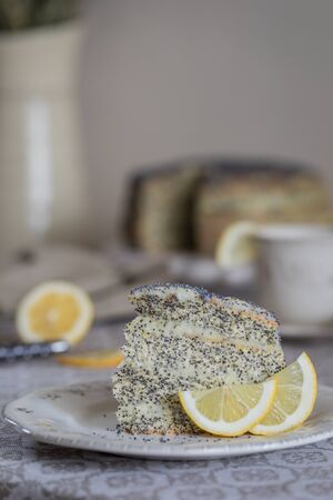 A piece of Cake with poppy seeds and lemon cream. Toned.の写真素材