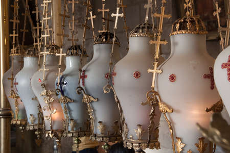 Oil Icon lamps in Church of the Holy Sepulchre, Jerusalem, Israelの写真素材