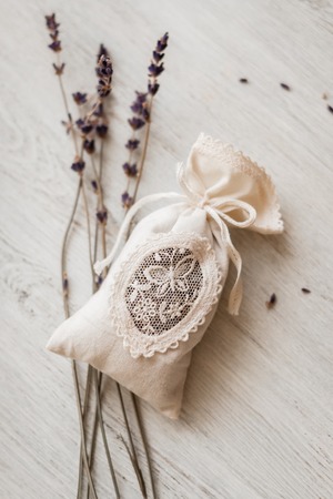 Beautiful Embroidered Sachets with dried Lavender, tonedの写真素材
