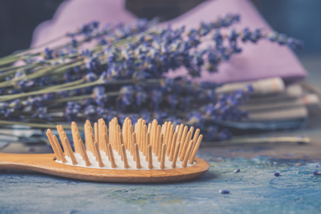 Wooden Scalp and Massage brush and hair comb, toned vintgeの写真素材