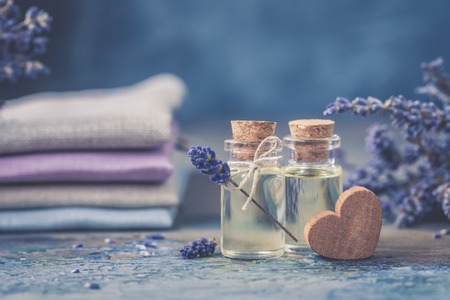 Bottle of natural cosmetic lavender oil, hair and body treatment, toned vintageの写真素材
