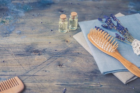 Wooden Scalp and Massage brush and hair comb, toned vintageの写真素材