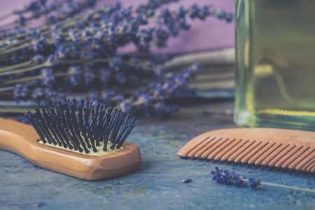 Bottle of natural cosmetic lavender oil, hair and body treatment, toned vintageの写真素材