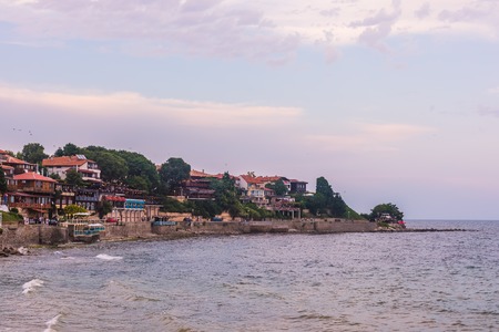 Stony beach and some houses at Bulgaria, Nesebarの写真素材