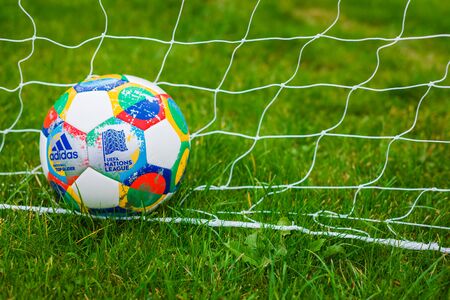 Moscow, Russia, October 7, 2018: Adidas UEFA Nations League, official match ball Glider on the grass, tonedのeditorial素材