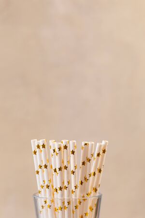 Closeup of drinking recyclable party straws in the glass jar. selective focus, tonedの写真素材