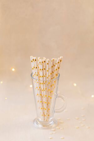 Closeup of drinking recyclable party straws in the glass jar. selective focus, tonedの写真素材