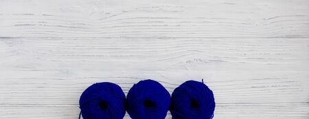 Background with classical blue skein yarn for starting a project, hobby conceptの写真素材