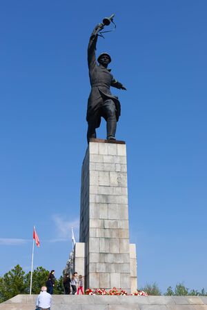 Dmitrov, Russia, May 9, 2019. Holiday view of the monument to the heroes of the battle of Moscow at Peremilovskaya height. Victory Day May 9 1945 holiday conceptのeditorial素材