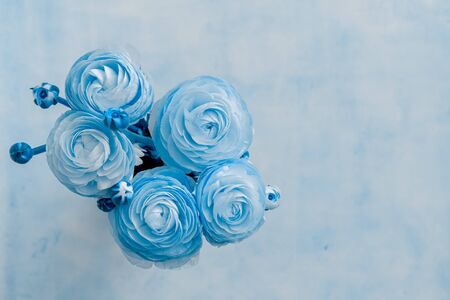 Classic blue toned blooming ranunculus flowers, top view, close up, March 8, Mother's Day, birthday background conceptの写真素材