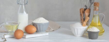 Ingredients for bakery making pancakes flour milk sugar eggs, kitchen accessories, banner