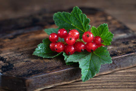 Fresh red currant with green leaves on rustic wooden table top view with copy spaceの写真素材
