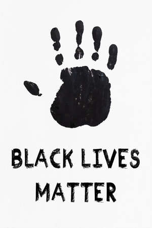 Black colored print of a hand, symbol of antiracism movement, isolated on white backgroundの写真素材