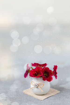 Red petunia flowers in miniature vase, greeting postcard background, March 8, Mother's Day, Birthday, invitationの写真素材