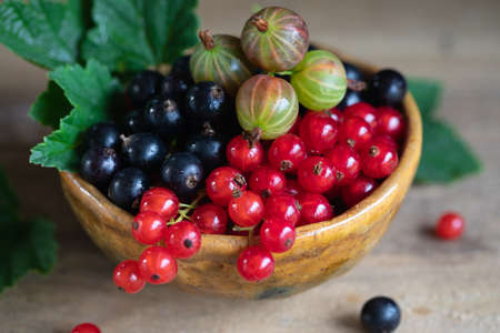 Red and black currant berries in ceramic bowl on a wooden background, cottagecore lifestileの写真素材