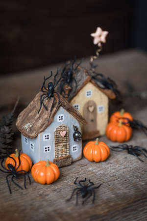 Miniature Halloween little autumn cottages, pumpkins, spiders, moss backgroundの写真素材