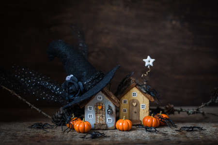 Miniature Halloween little autumn cottages, pumpkins, spiders, moss backgroundの写真素材