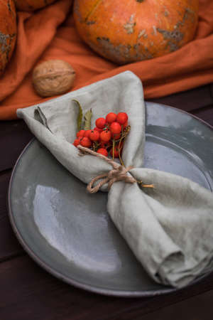 Fall themed holiday table setting arrangement for a seasonal party, tonedの写真素材