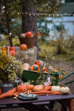 Fall themed holiday table setting arrangement for a seasonal party, glasses, pumpkins, candles, field flowersの写真素材