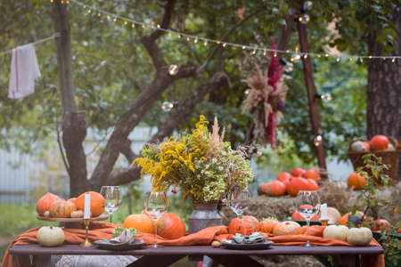 Fall themed holiday table setting arrangement for a seasonal party, glasses, pumpkins, candles, field flowersの写真素材