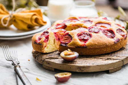 Traditional homemade plum cake or pie, close upの写真素材