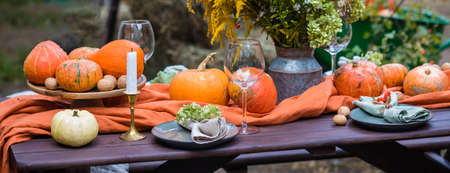 Fall themed holiday table setting arrangement for a seasonal party, glasses, pumpkins, candles, field flowersの写真素材