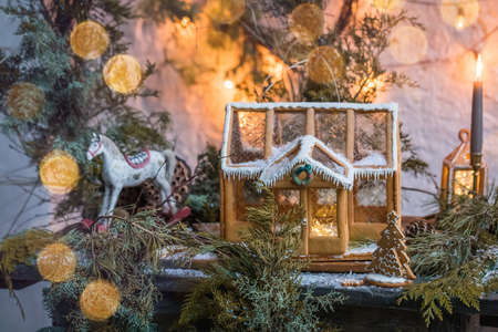 Homemade christmas ginger cookies on the wooden rustic background, close up, tonedの写真素材