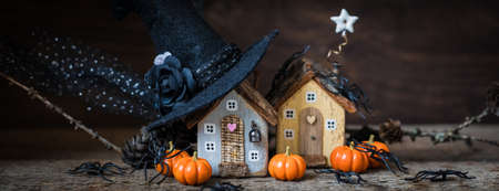 Miniature Halloween little autumn cottages, pumpkins, spiders, moss backgroundの写真素材