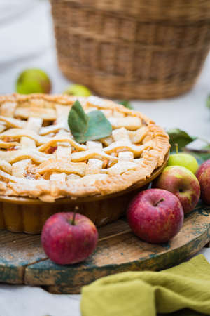 Summertime picnic composition homemade apple pie close up, tree branchesの写真素材