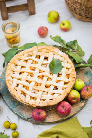 Summertime picnic composition with homemade apple pie, glasses of stewed fruit, tree branchesの写真素材