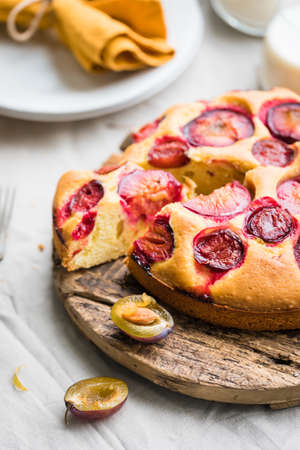 Traditional homemade plum cake or pie, close upの写真素材