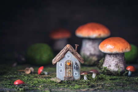 Miniature Thanksgiving Day little fairy tale autumn cottages, moss backgroundの写真素材