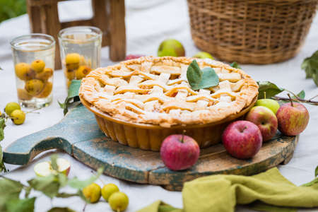 Summertime picnic composition homemade apple pie close up, tree branchesの写真素材